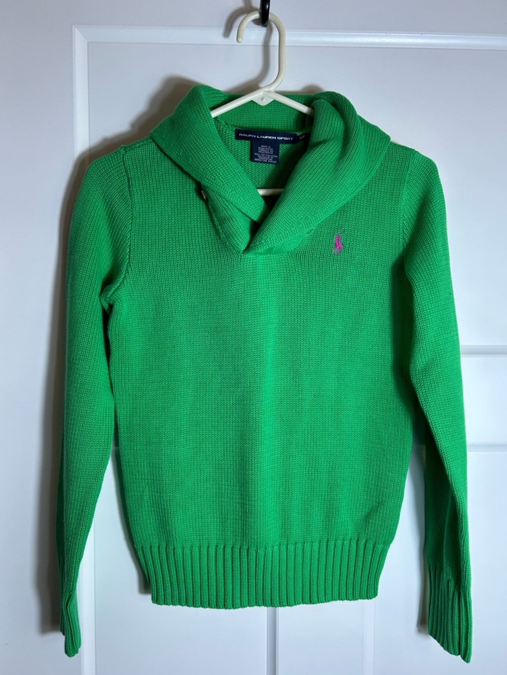 Ralph Lauren Sport Women’s Small Shawl Neck Sweater Green Pink Pony 4704